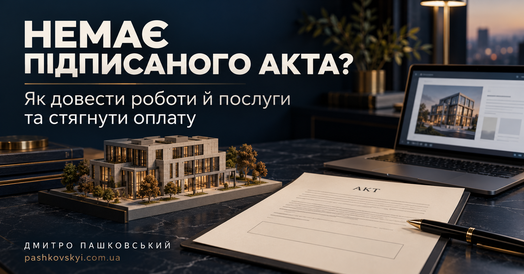 Виконана робота, документи та акт із порожнім полем підпису на темно-синьому столі.